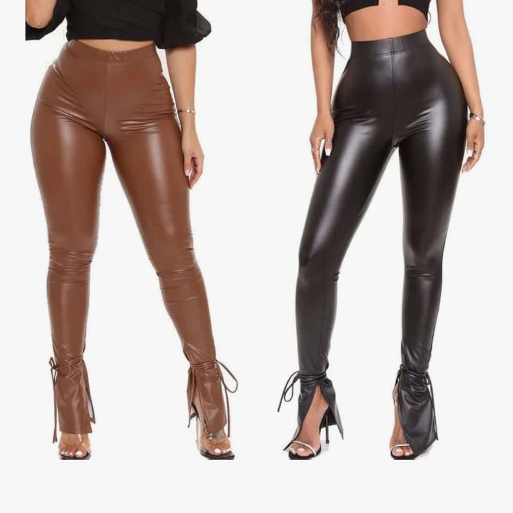 Brown Faux Leather Pants with Slit Detail B - Picture 3 of 4